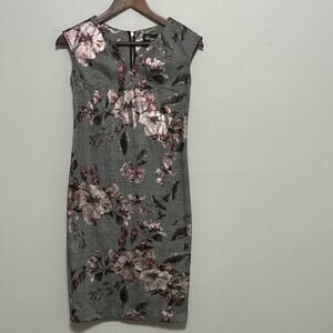 Beige Chic Grey Plaid Floral Sheath Dress Sleeveless V Neck Size 4P